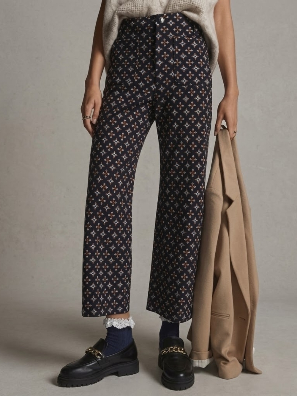 Anthropologie Maeve The Colette Crop Wide-Leg Ponte Pants In Retro Print Size 29